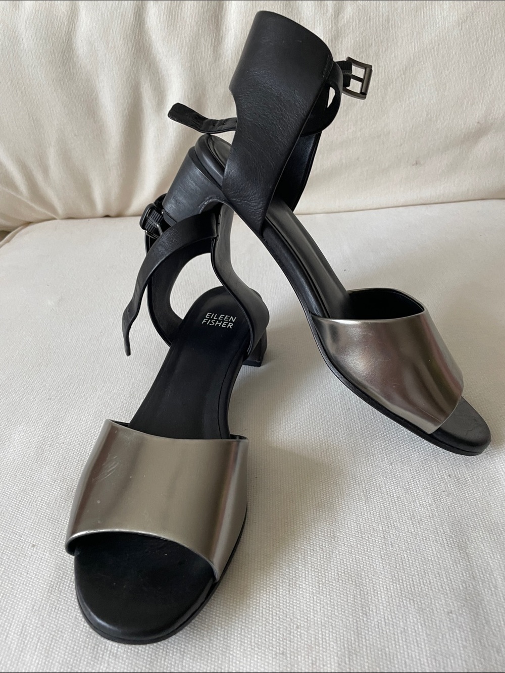 Eileen Fisher Black and Metallic Silver Open-Toe Ankle-Strap Heels